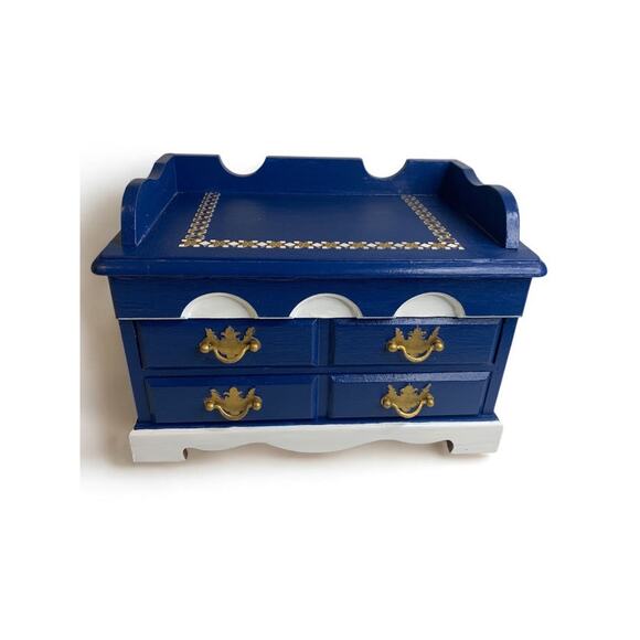 Tabletop Jewelry Box Bright Navy White Goldtone 8